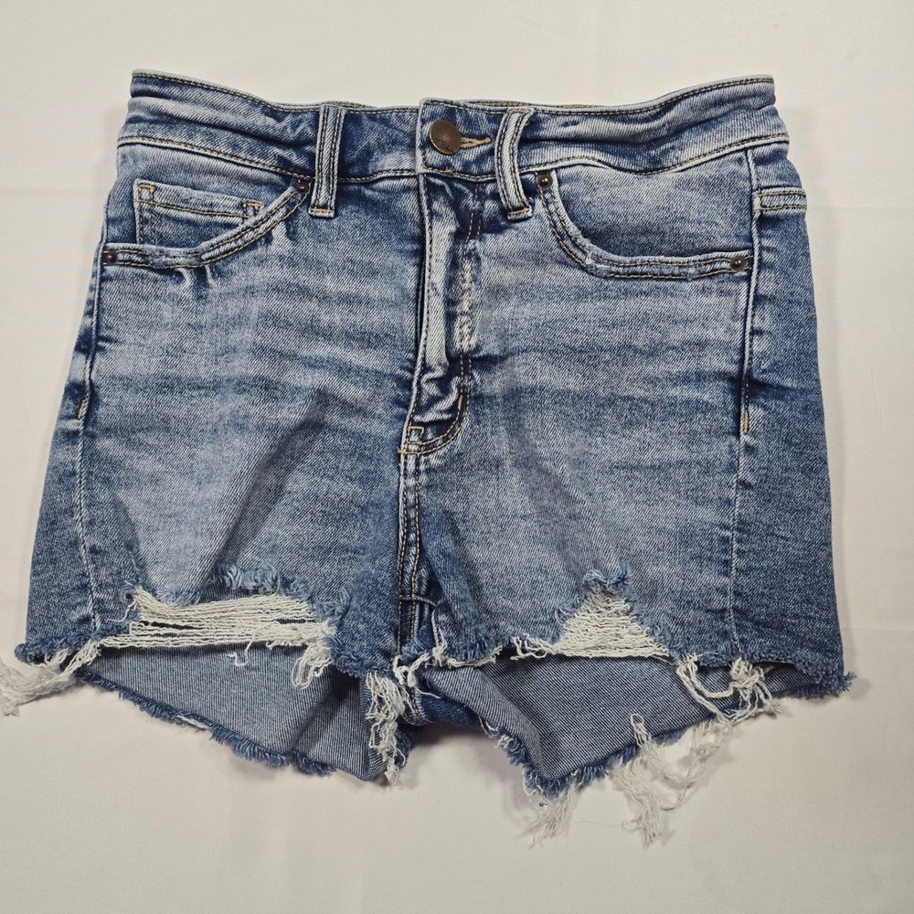 BKE Denim Womens Distressed High Rise Jean Shorts Medium Wash Size 25 Frayed Hem